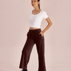 Women Solid Dark Wine Mid Rise Corduory Wide Pants