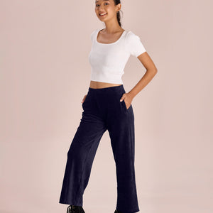 Women Solid Navy Mid Rise Corduory Wide Pants