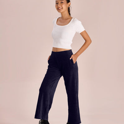 Women Solid Navy Mid Rise Corduory Wide Pants