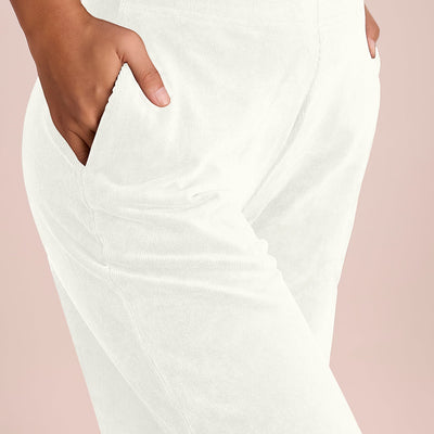 Women Solid Cream Mid Rise Corduory Wide Pants