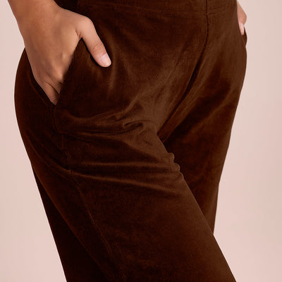 Women Solid Dark Brown Mid Rise Corduory Wide Pants