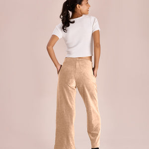 Women Solid Beige Mid Rise Corduory Wide Pants