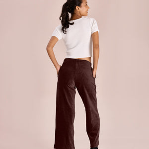 Women Solid Dark Wine Mid Rise Corduory Wide Pants