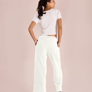 Women Solid Cream Mid Rise Corduory Wide Pants