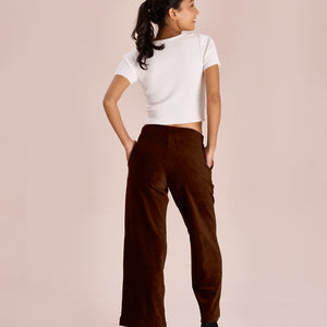 Women Solid Dark Brown Mid Rise Corduory Wide Pants