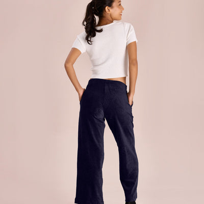 Women Solid Navy Mid Rise Corduory Wide Pants