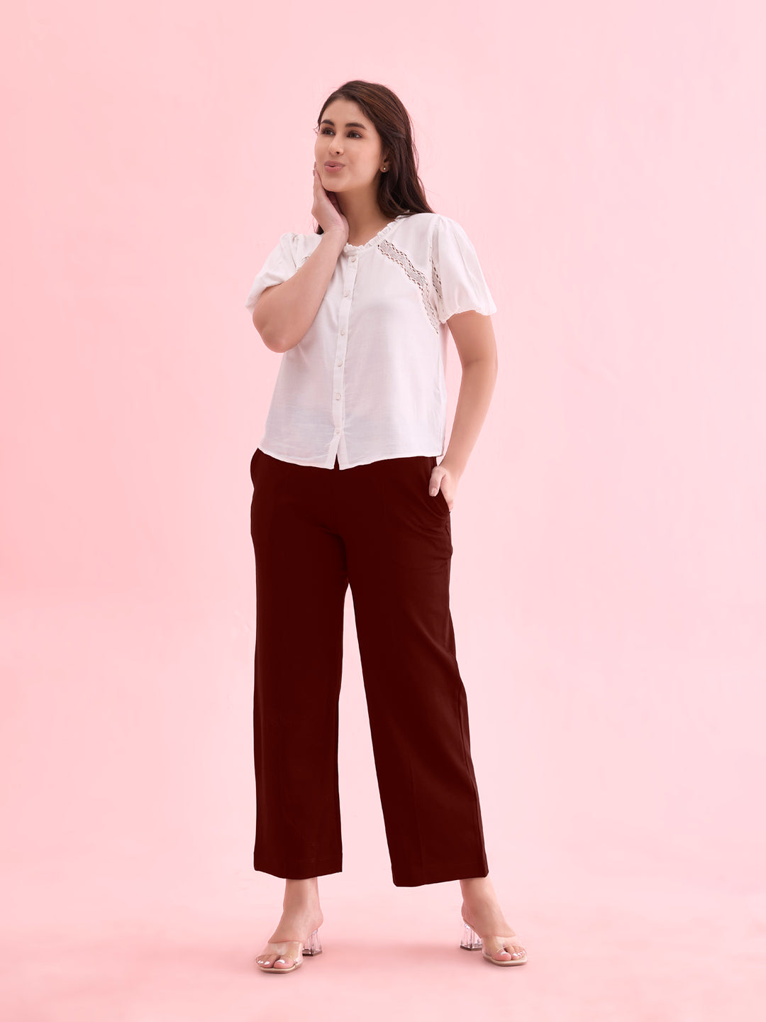 Women Solid Bright Maroon Ponte Wide Leg Pants