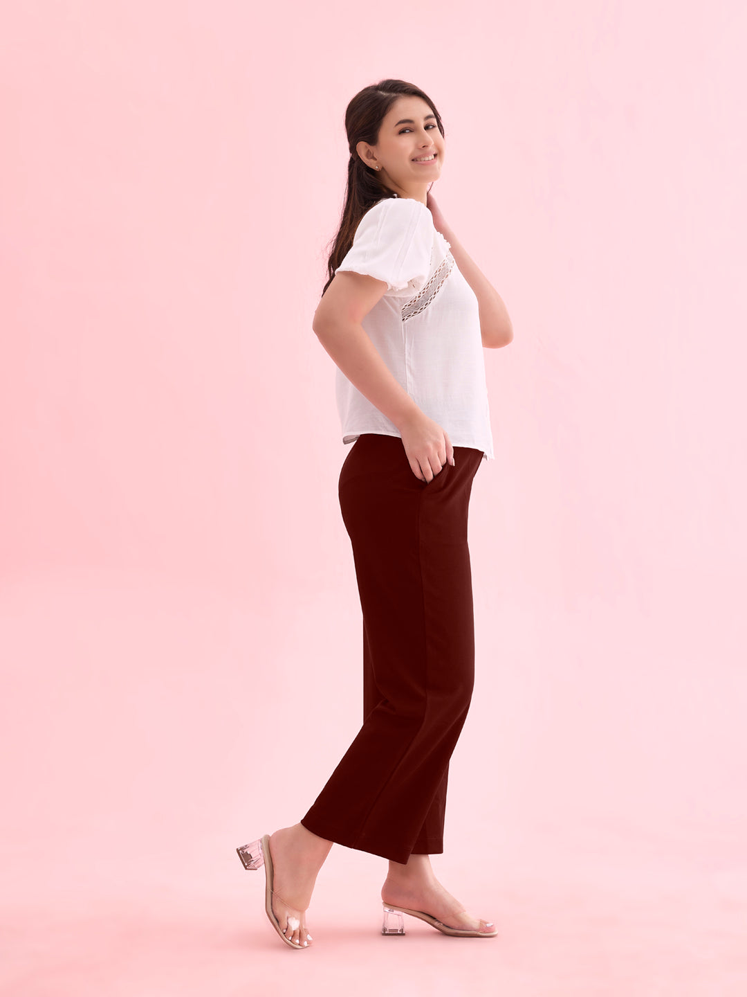 Women Solid Bright Maroon Ponte Wide Leg Pants