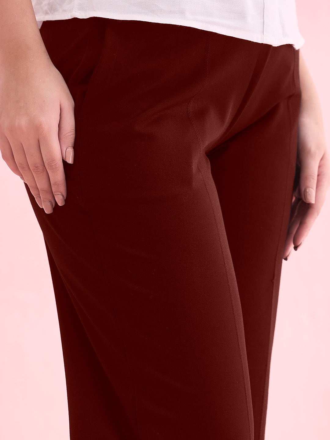 Women Solid Bright Maroon Ponte Wide Leg Pants