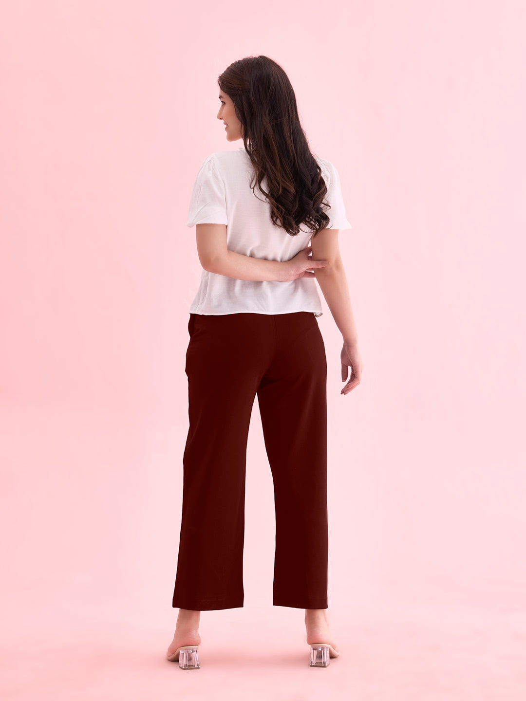 Women Solid Bright Maroon Ponte Wide Leg Pants