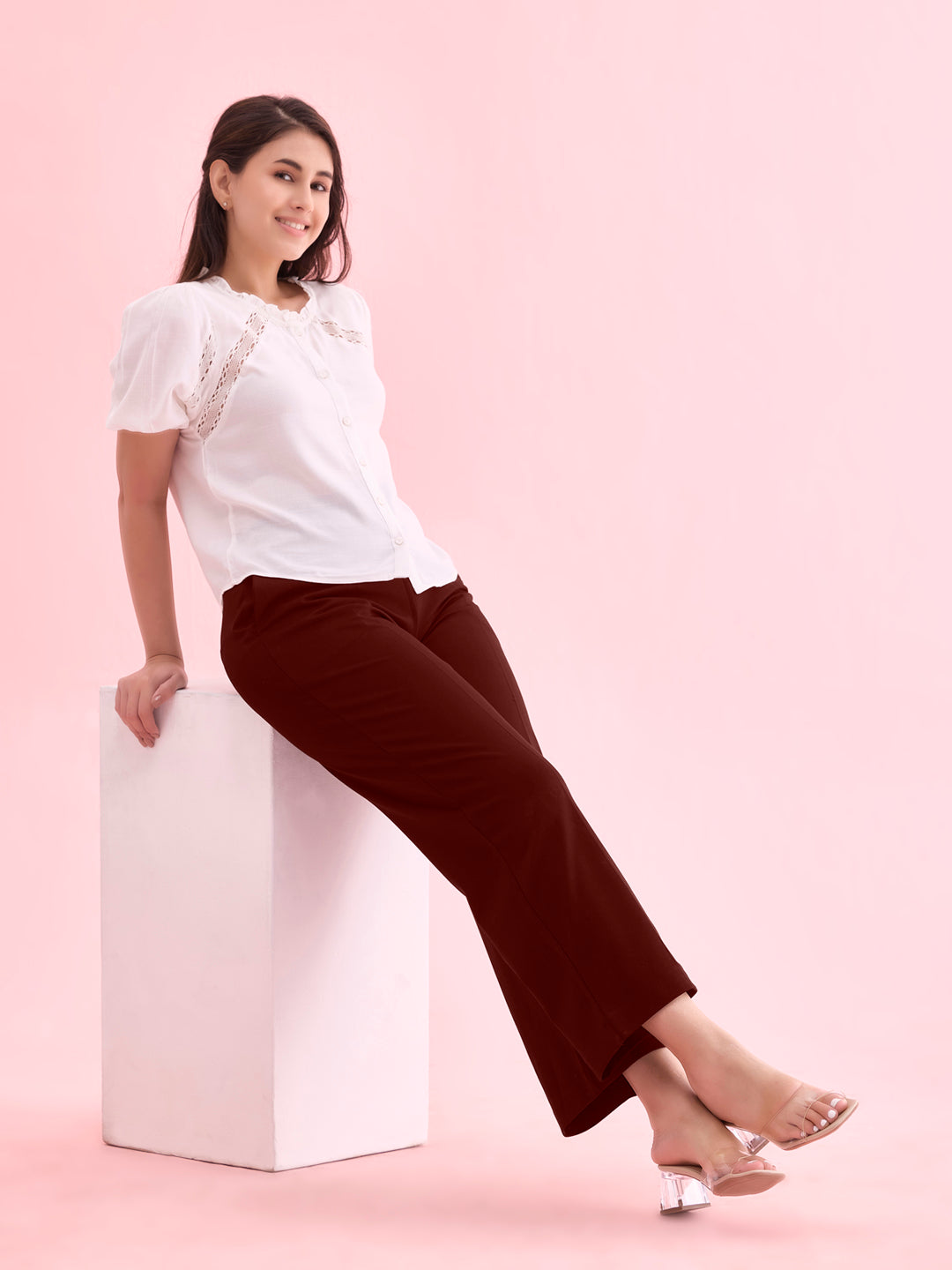 Women Solid Bright Maroon Ponte Wide Leg Pants