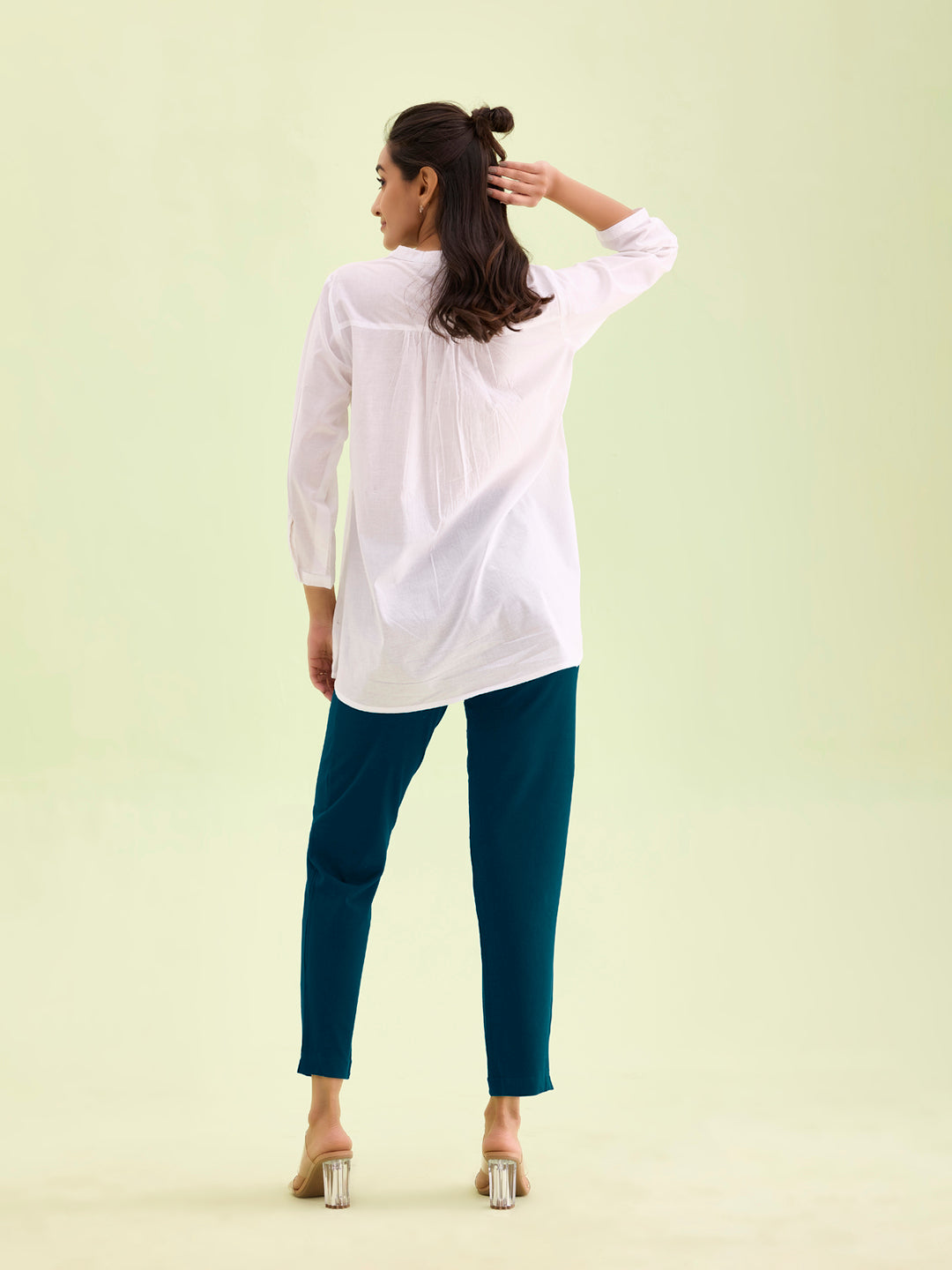 Women Solid Turquoise Blue Cotton Mid Rise Kurti Pants