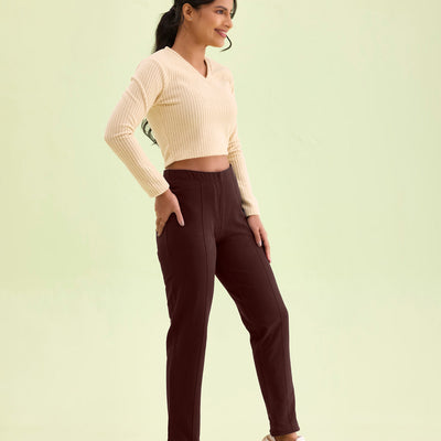 Women Solid Dark Wine Warm Kurti Pant
