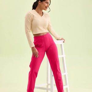 Women Solid Dark Rose Warm Kurti Pant