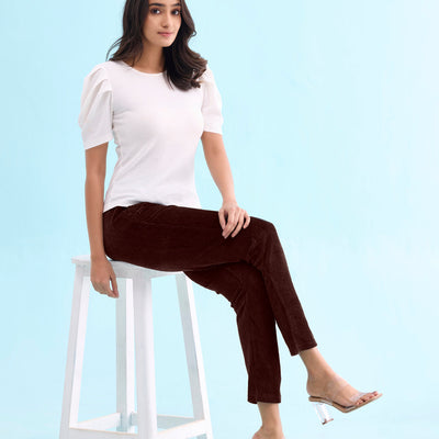 Women Solid Dark WIne Mid Rise Corduroy Treggings