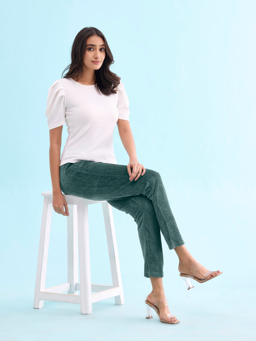 Women Solid Ocean Green Mid Rise Corduroy Jeggings