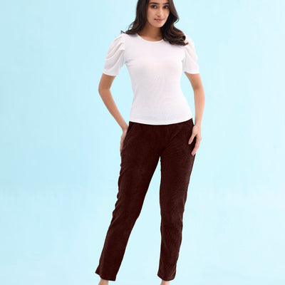 Women Solid Dark WIne Mid Rise Corduroy Treggings