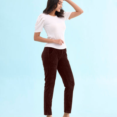 Women Solid Dark WIne Mid Rise Corduroy Treggings
