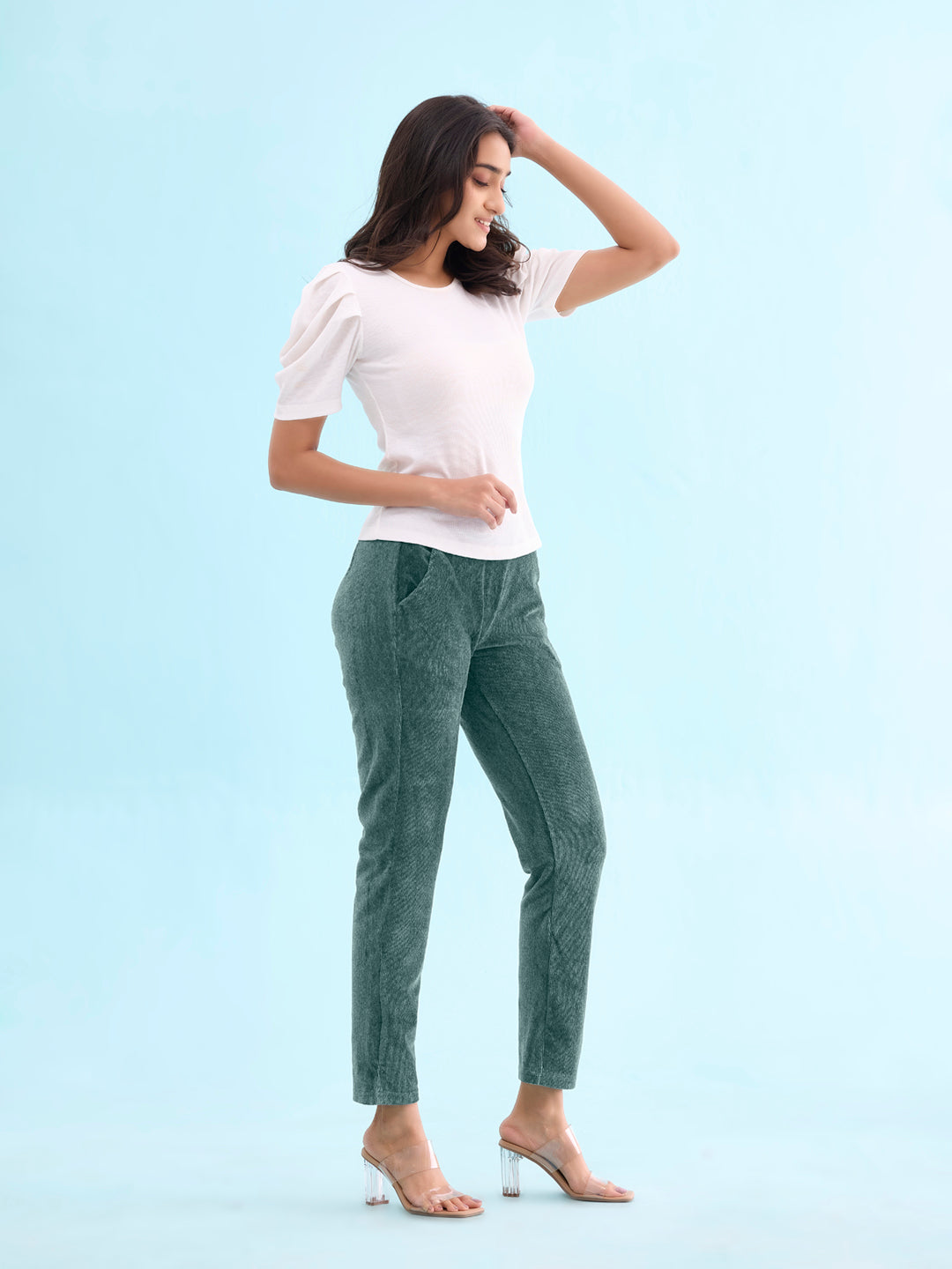 Women Solid Ocean Green Mid Rise Corduroy Jeggings