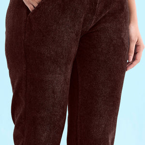 Women Solid Dark WIne Mid Rise Corduroy Treggings