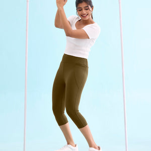 Women Solid Olive Green High Rise Training Capri
