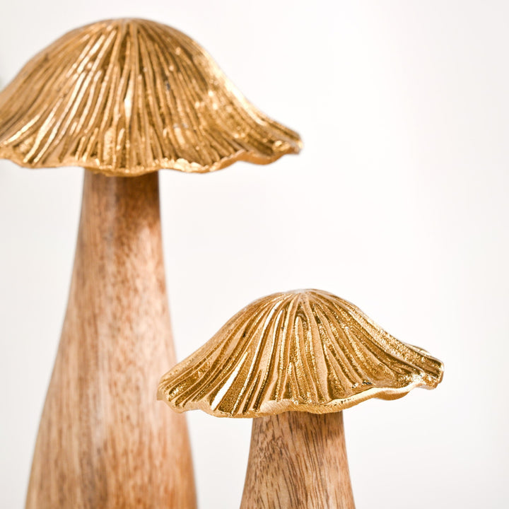 Gold Mushrooms Wooden Decor Showpieces Set Of 3