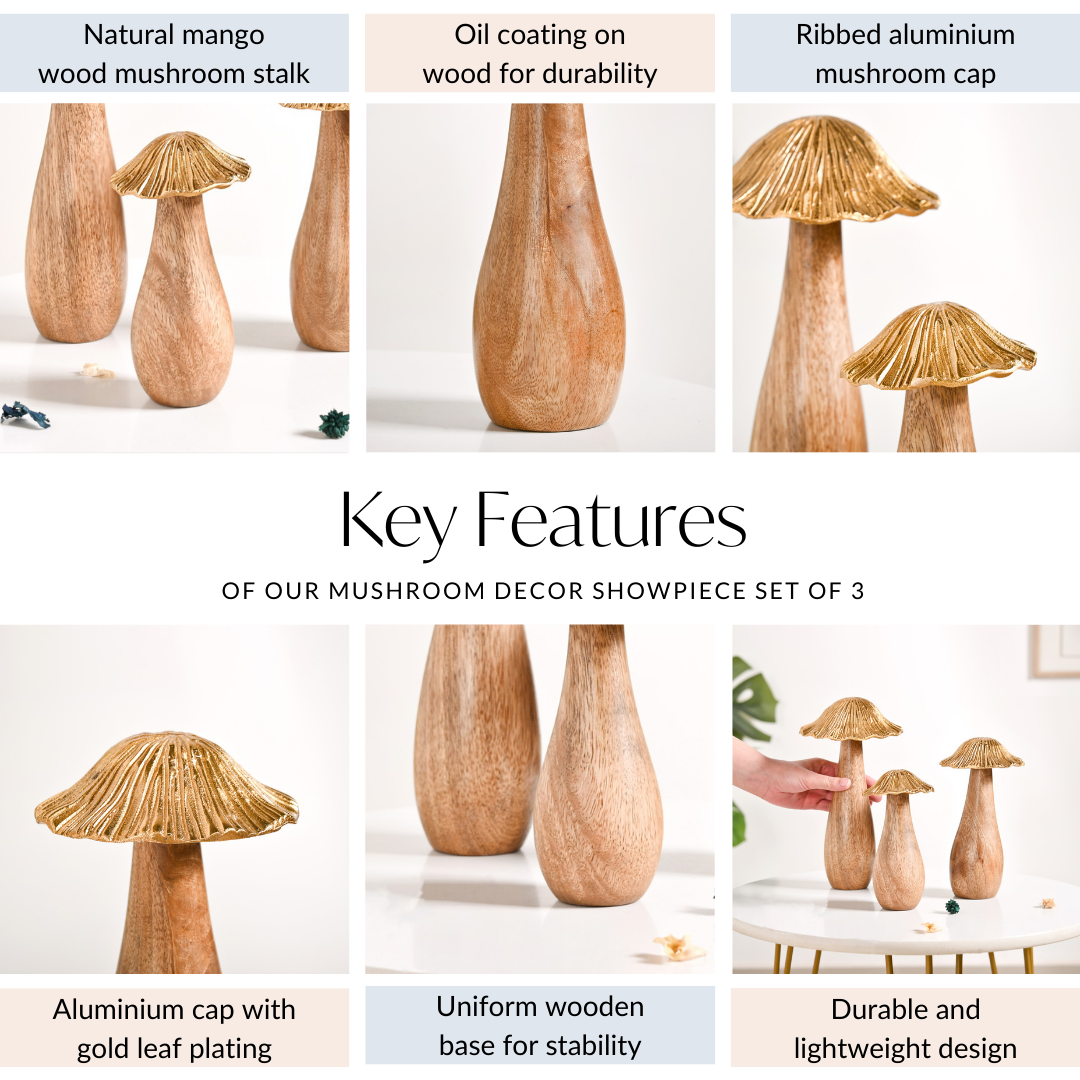 Gold Mushrooms Wooden Decor Showpieces Set Of 3