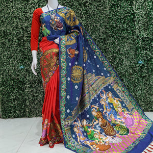Blue Red Nataki Konark Temple Hand-Painted Pattachitra Saree