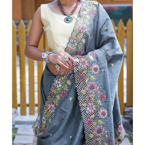 Apeksha Grey Silk Handwork Saree