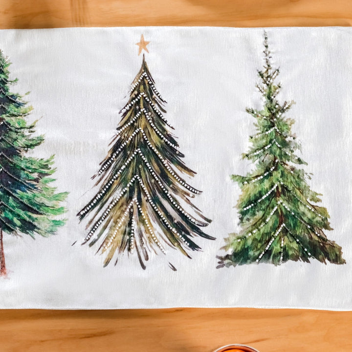 Grove Of Pine Trees Print Embellished White Dining Table Runner