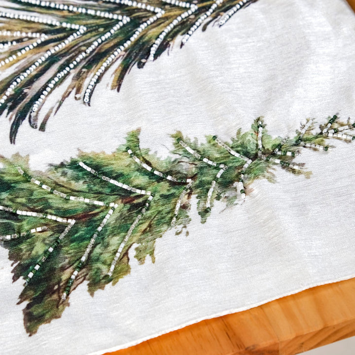 Grove Of Pine Trees Print Embellished White Dining Table Runner