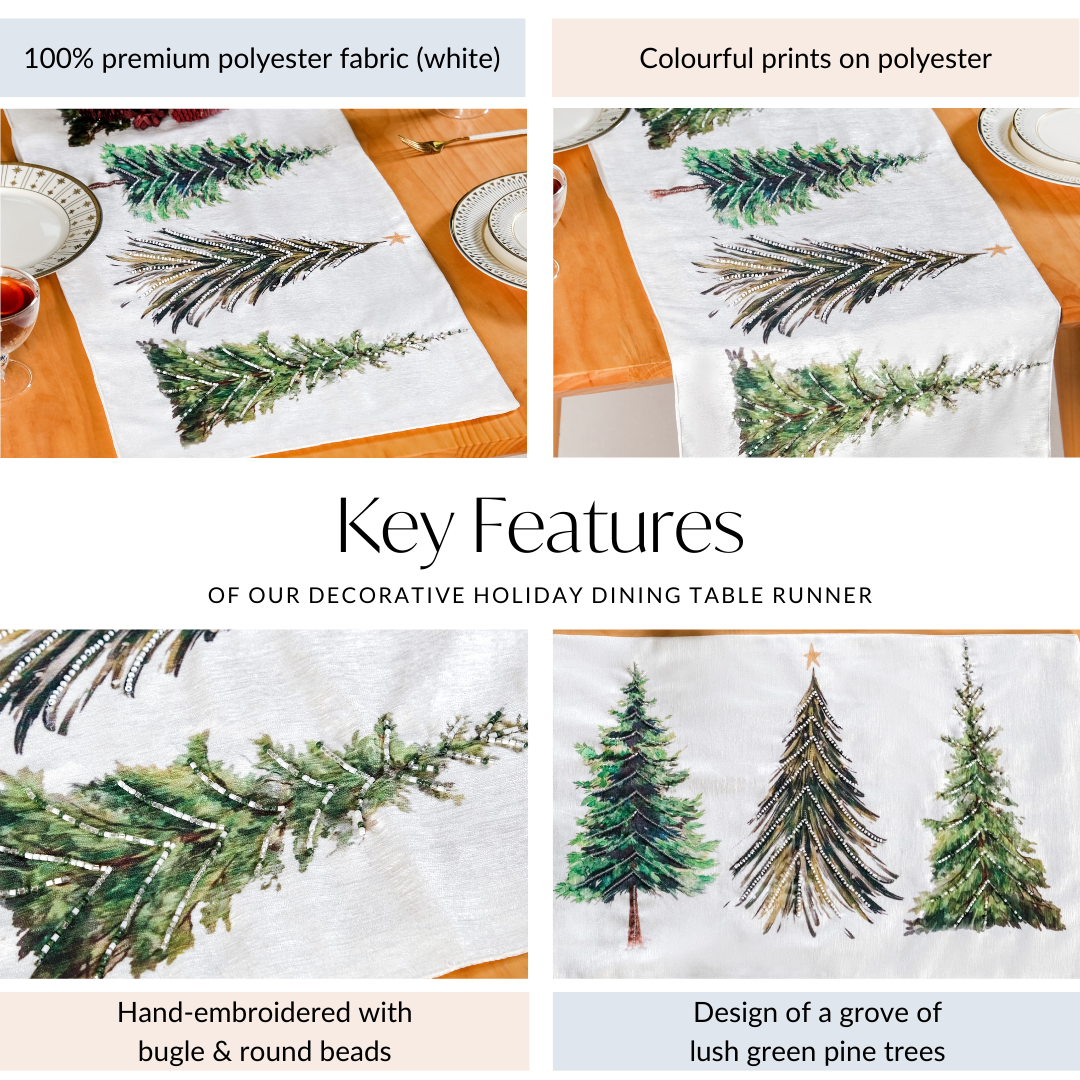 Grove Of Pine Trees Print Embellished White Dining Table Runner