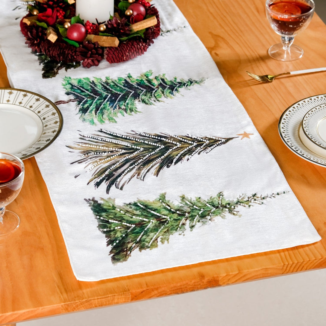 Grove Of Pine Trees Print Embellished White Dining Table Runner