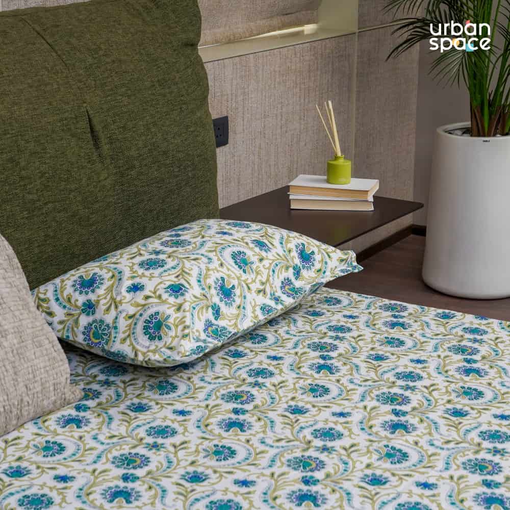 Fitted King Size Cotton Bedsheet - Guldaudi Floral- Blue