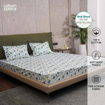 Serene Collection - Breathable 200 TC 100% Pure Cotton Single Bedsheet with Pillow Cover, Guldaudi Floral- Blue