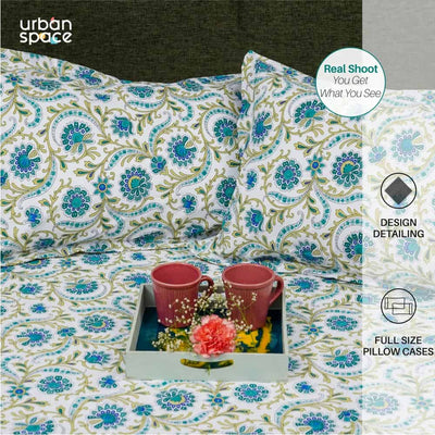 Serene Collection - Breathable 200 TC 100% Pure Cotton Single Bedsheet with Pillow Cover, Guldaudi Floral- Blue