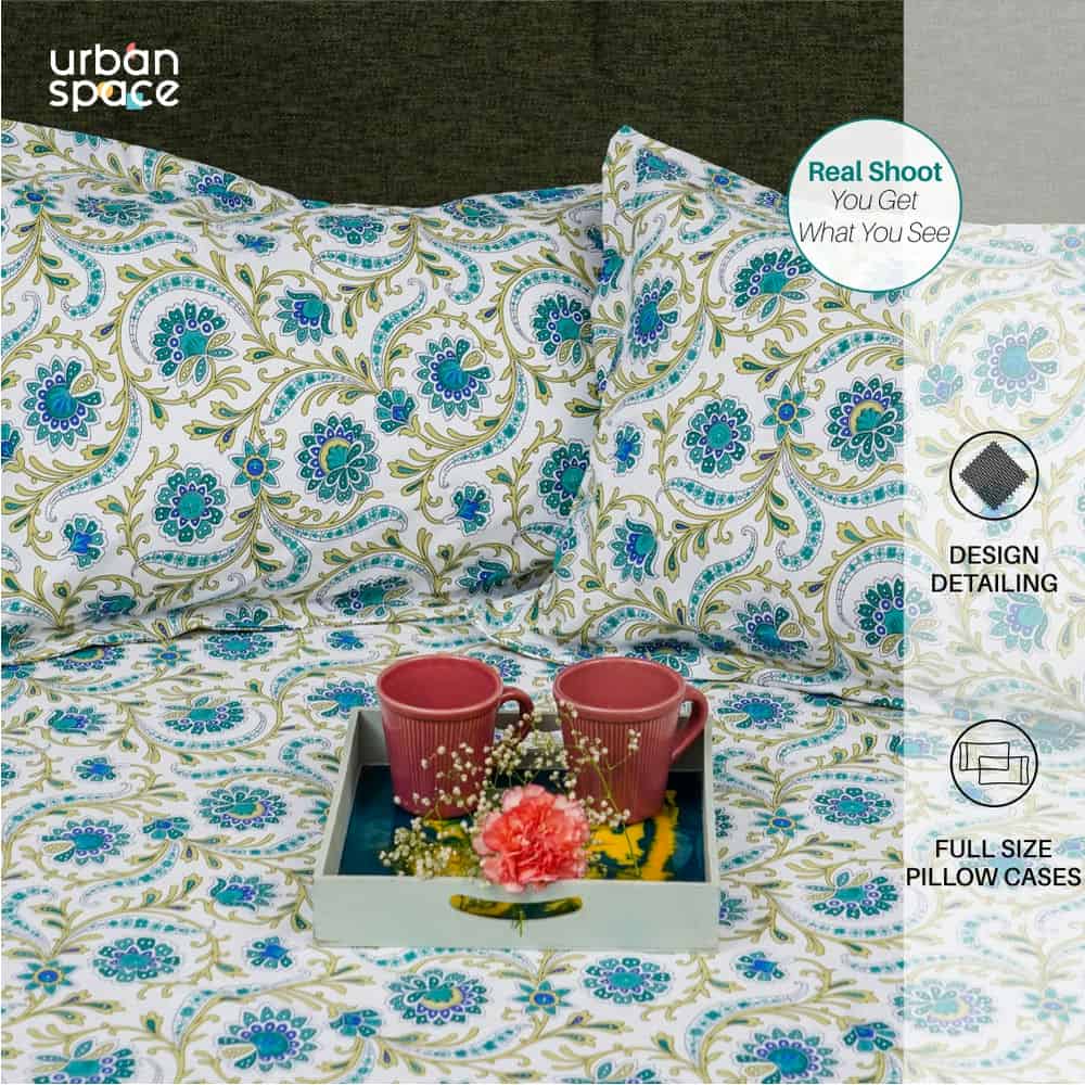 Serene Collection - Breathable 200 TC 100% Pure Cotton Single Bedsheet with Pillow Cover, Guldaudi Floral- Blue