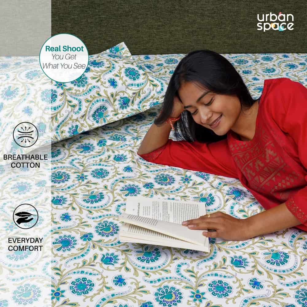 Serene Collection - Breathable 200 TC 100% Pure Cotton Single Bedsheet with Pillow Cover, Guldaudi Floral- Blue