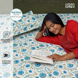Fitted King Size Cotton Bedsheet - Guldaudi Floral- Blue