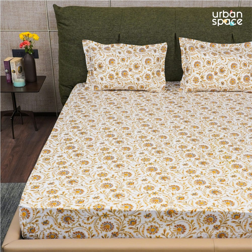 Serene Collection - Breathable 200 TC 100% Pure Cotton Single Bedsheet with Pillow Cover, Guldaudi Floral - Brown