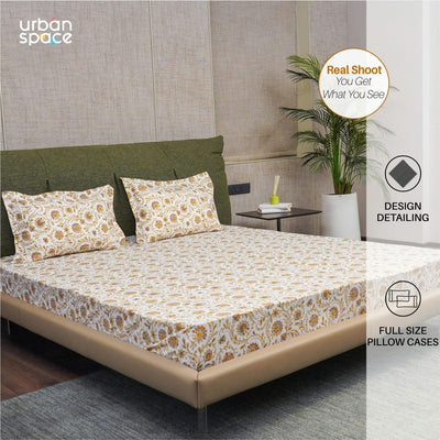 Serene Collection - Breathable 200 TC 100% Pure Cotton Single Bedsheet with Pillow Cover, Guldaudi Floral - Brown