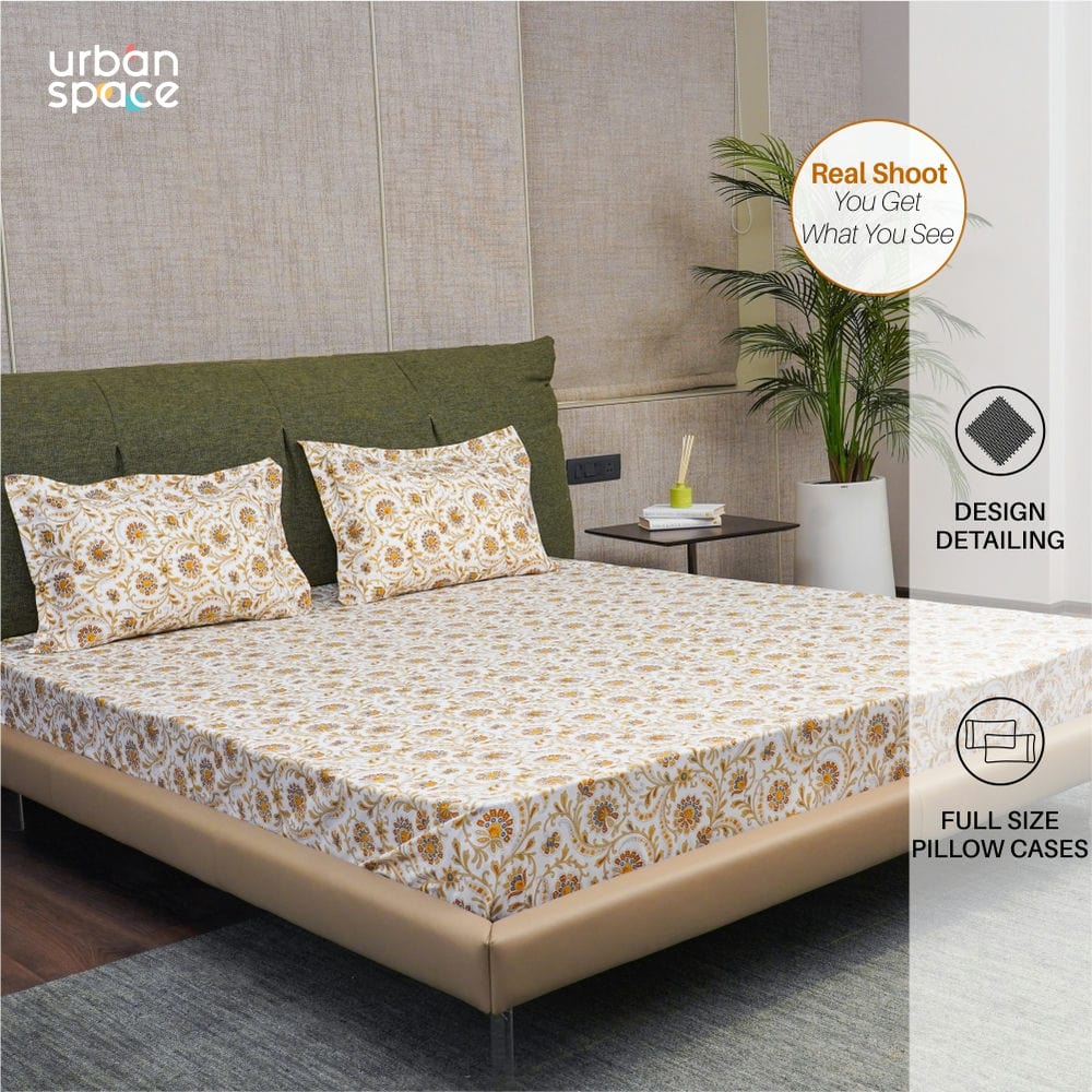 Fitted King Size Cotton Bedsheet - Guldaudi Floral - Brown