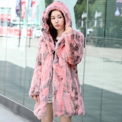 Hooded  Natural Rabbit Women Winter Jacket