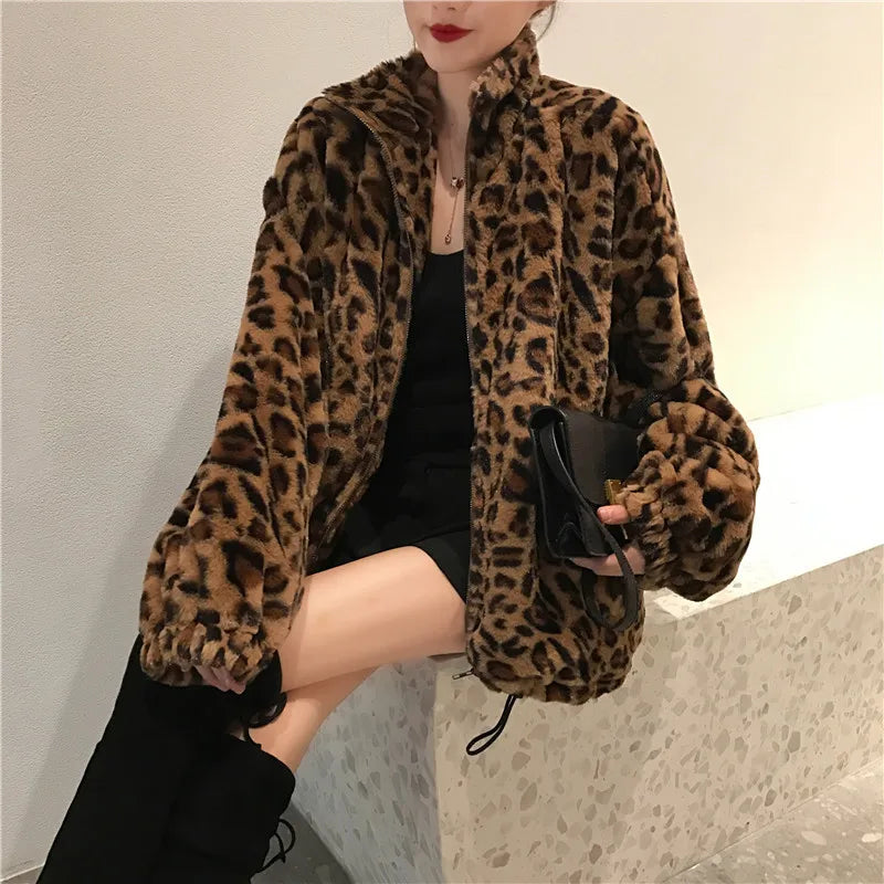 Women Chaqueta Vintage Leopard Stand Collar