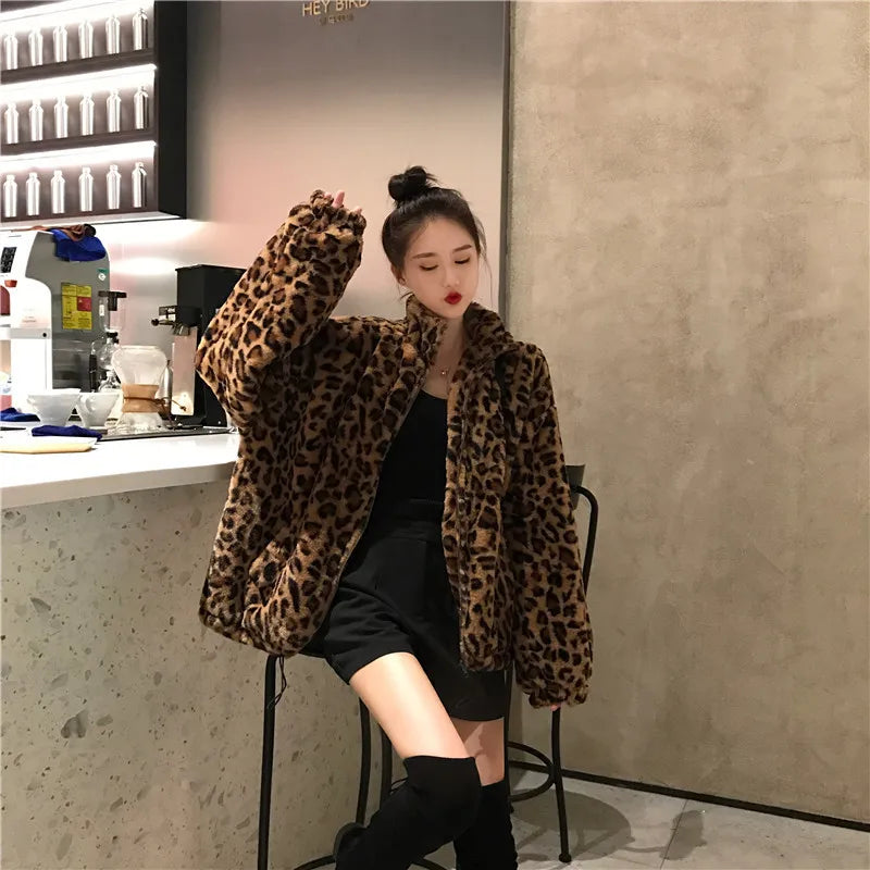 Women Chaqueta Vintage Leopard Stand Collar