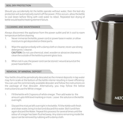 Milton Euroline Hagen Electric 1.8 Litre Kettle 1500 Watts Stainless Steel Electric Kettle | Black