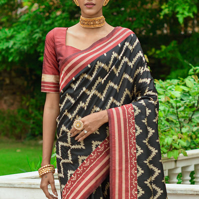 Black And Red Raw Silk Saree