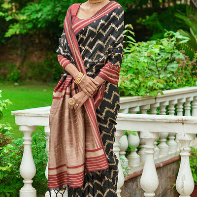 Black And Red Raw Silk Saree