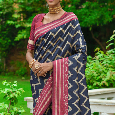 Blue And Red Raw Silk Saree
