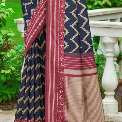 Blue And Red Raw Silk Saree
